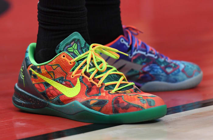 View of multi-color Nike Kobe shoes.